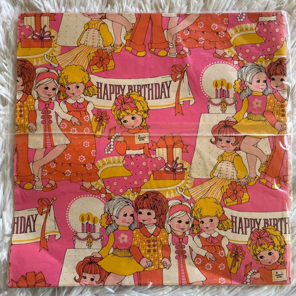 Vintage 70s Gibson Wrapping Paper Pink Girl Birthday New in Package Retro Crafts